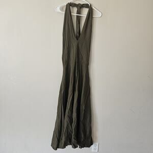 ZARA Dress Midi Maxi Linen Blend Halter Neck Long Olive Green Size Large